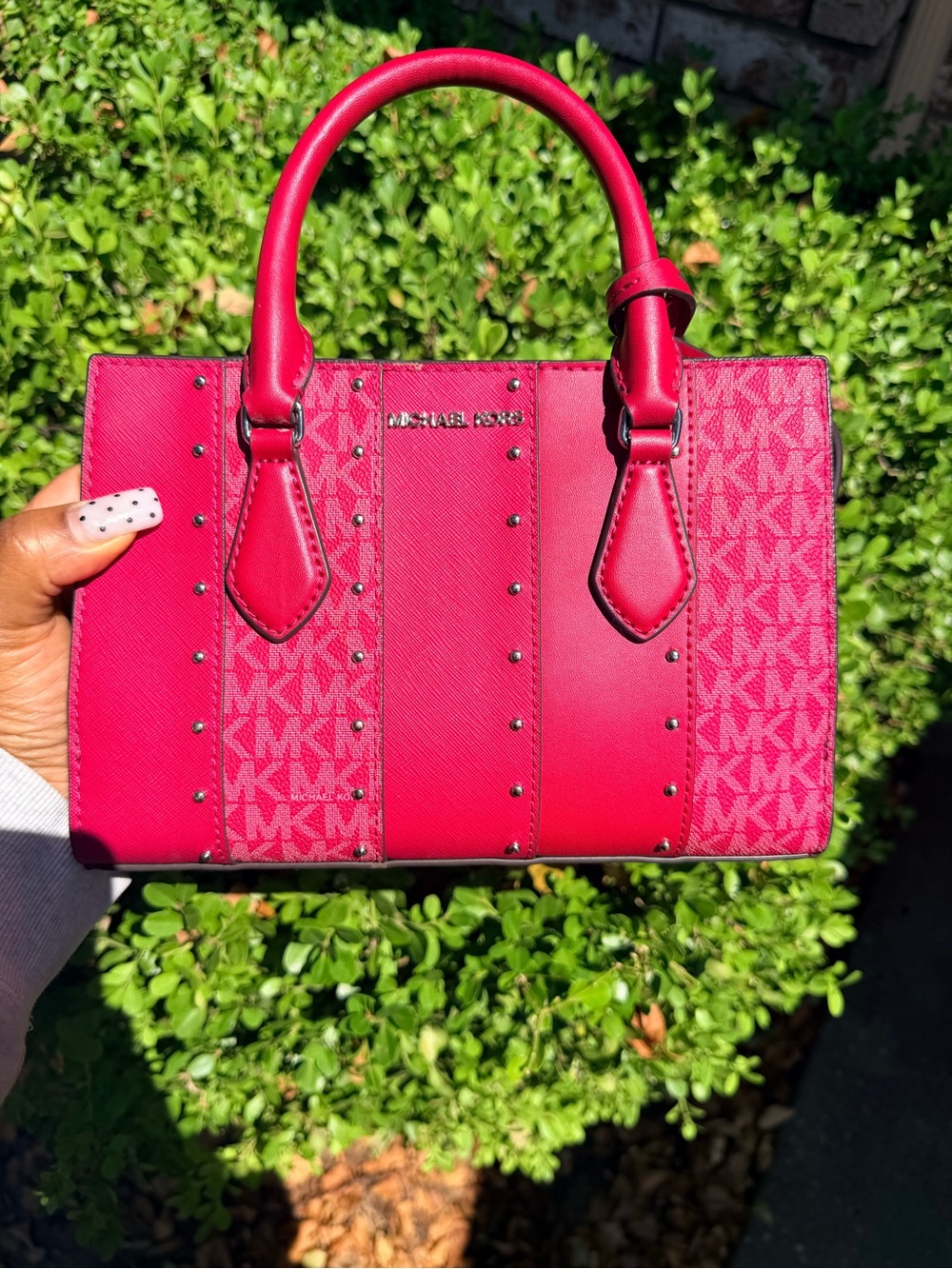 Michael Kors Red Signature Studded Leather Satchel